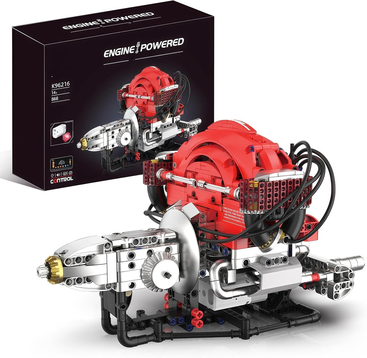 Brick-built four-cylinder engine model with visible pistons and lights