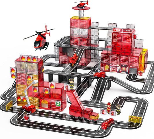 Magnetic tile fire station built with red fire rescue vehicles