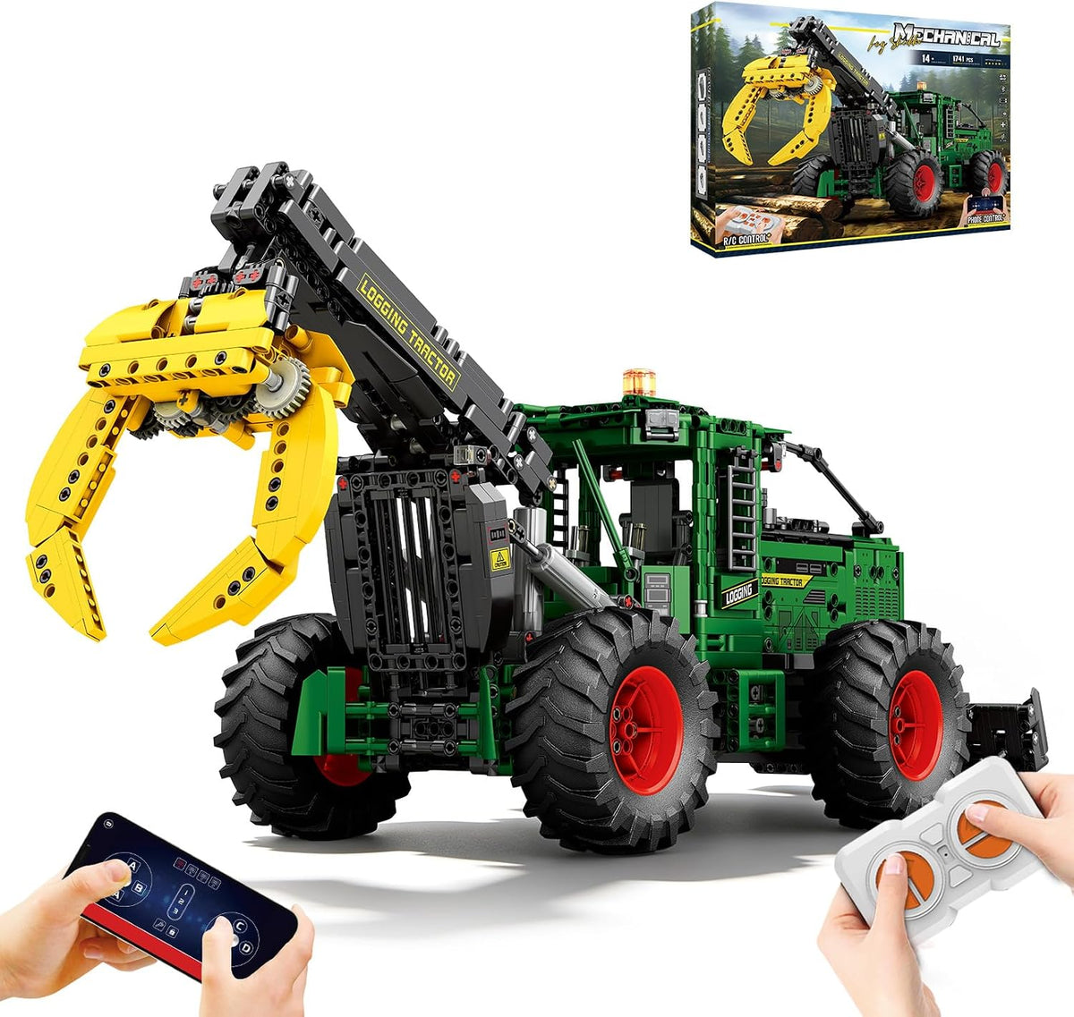 Brick-built remote control farm tractor with large rear wheels