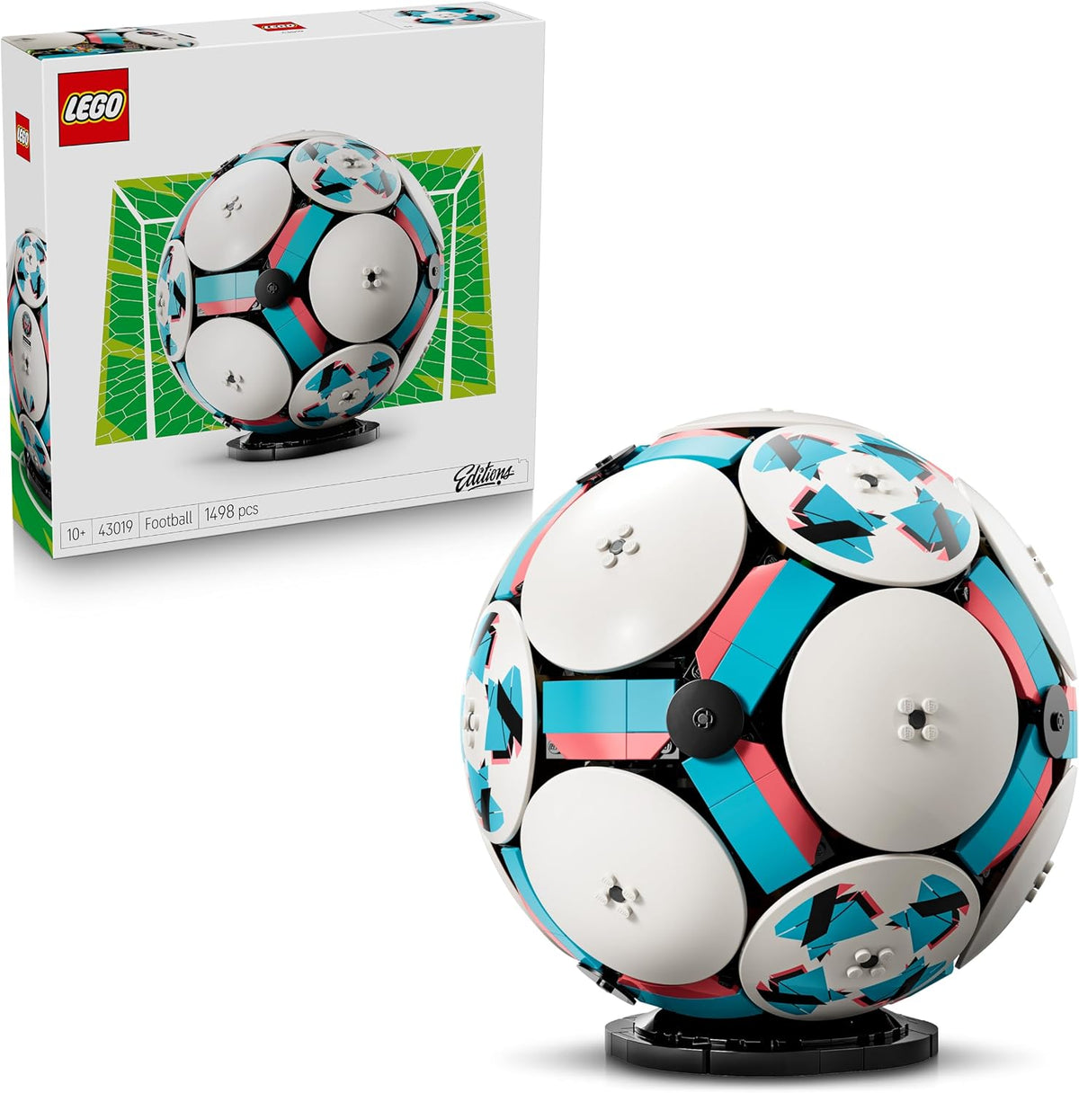 Brick-built soccer ball opened to show a mini stadium with players inside