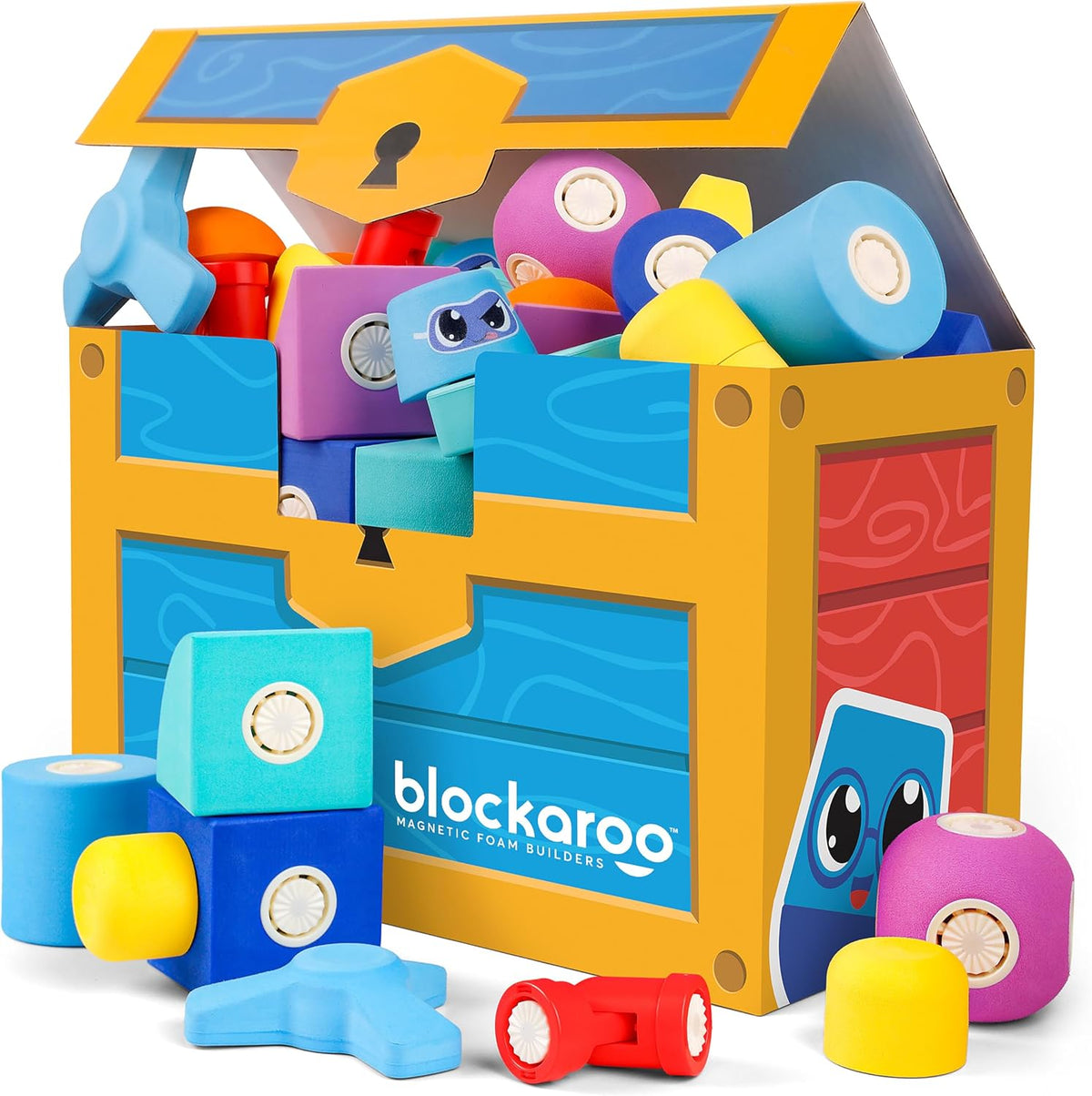 Soft colorful magnetic foam blocks connected into a small tower beside a storage chest – view 2
