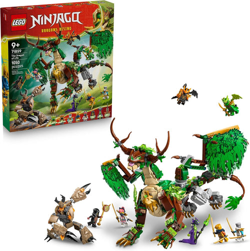 Large brick-built dragon with wings spread wide above ninja minifigures and a mech