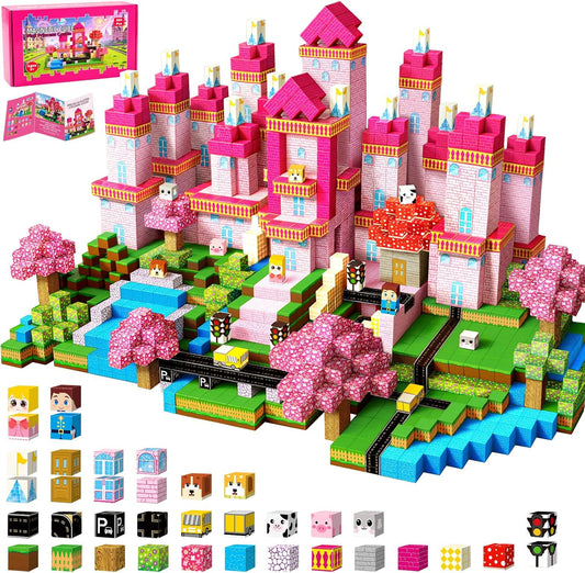 Pink magnetic cube princess castle with garden and figures