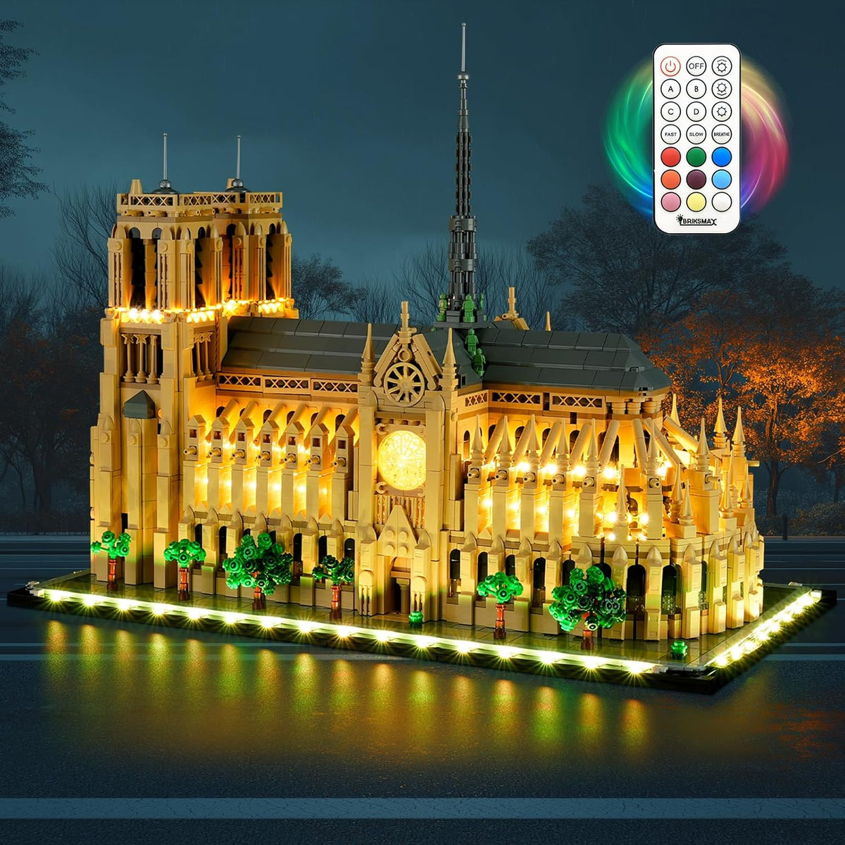 Gothic cathedral brick model lit from within by warm LED lights – view 3