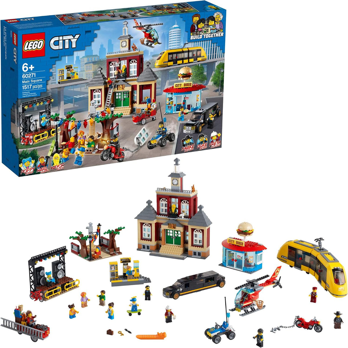 Brick-built town square with tram, shops and a concert stage