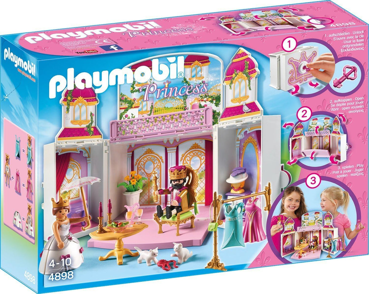 Open royal palace play box showing throne room and two figures