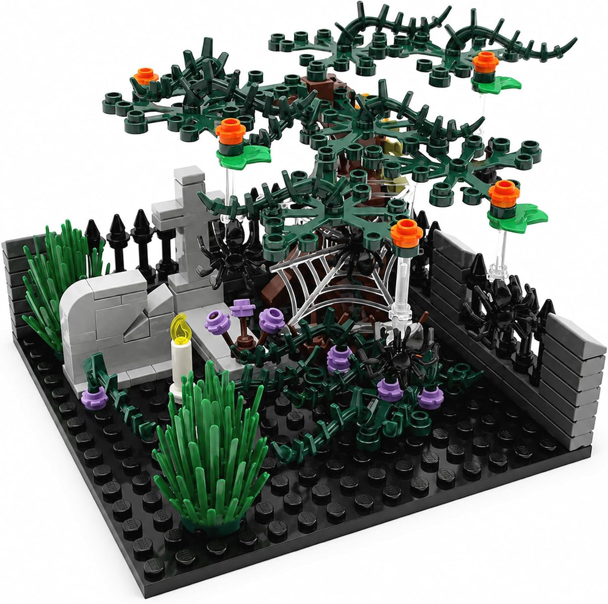 Brick-built Halloween graveyard with gates, tombstones, ghosts and pumpkins – view 6
