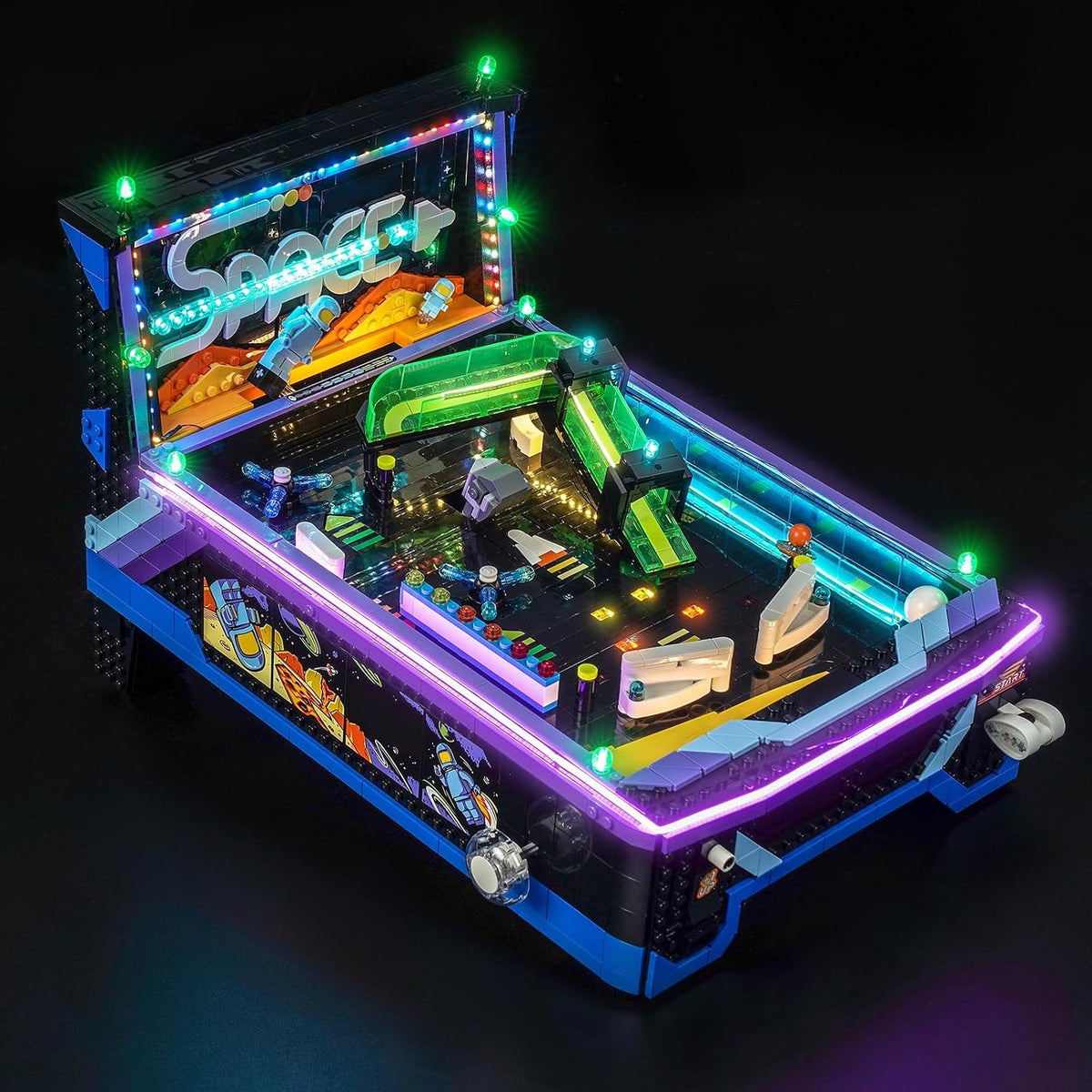 Arcade pinball machine brick model lit up with LED lights in the cabinet
