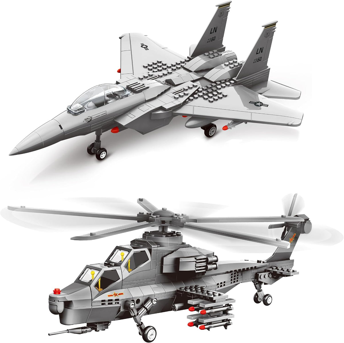 Gray brick-built fighter jet and attack helicopter with rotors and rocket launchers side by side