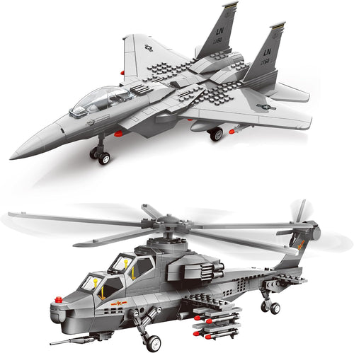 Gray brick-built fighter jet and attack helicopter with rotors and rocket launchers side by side