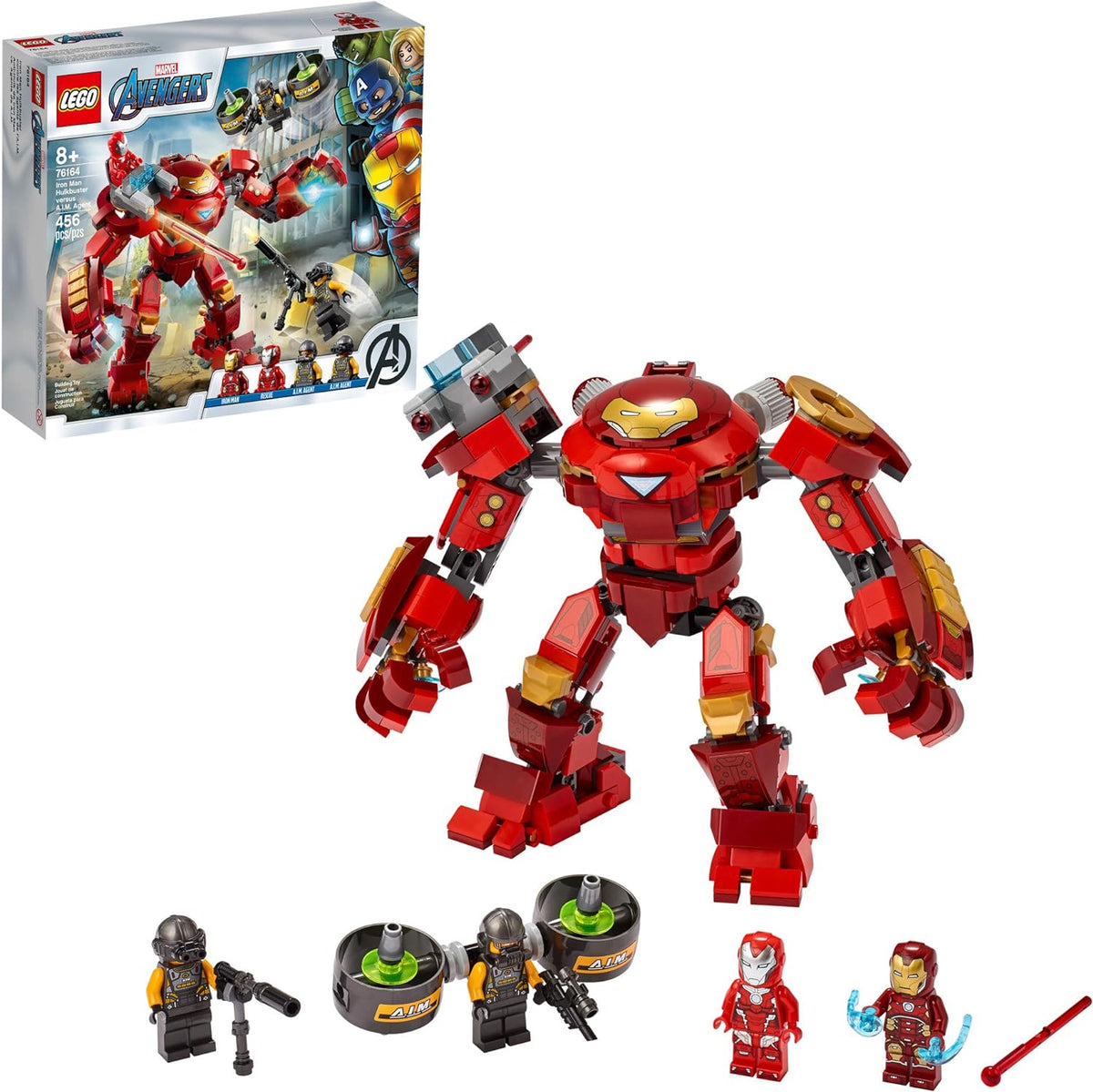 Posable armored robot suit with hero in cockpit facing a villain agent