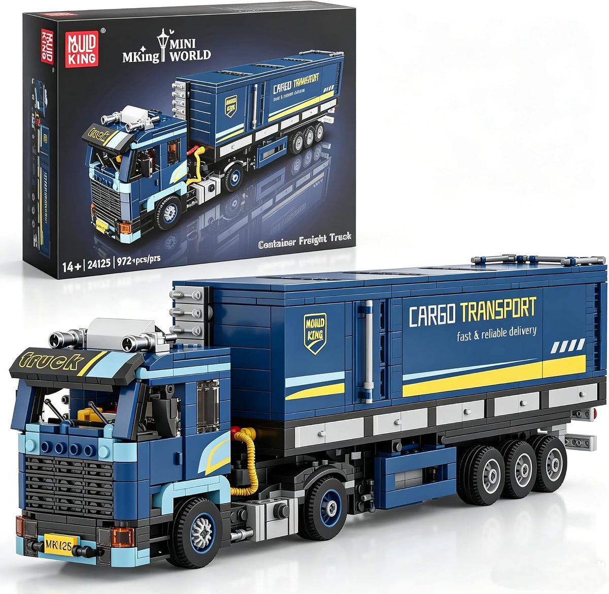 Brick tractor truck pulling a container trailer with open tailgate