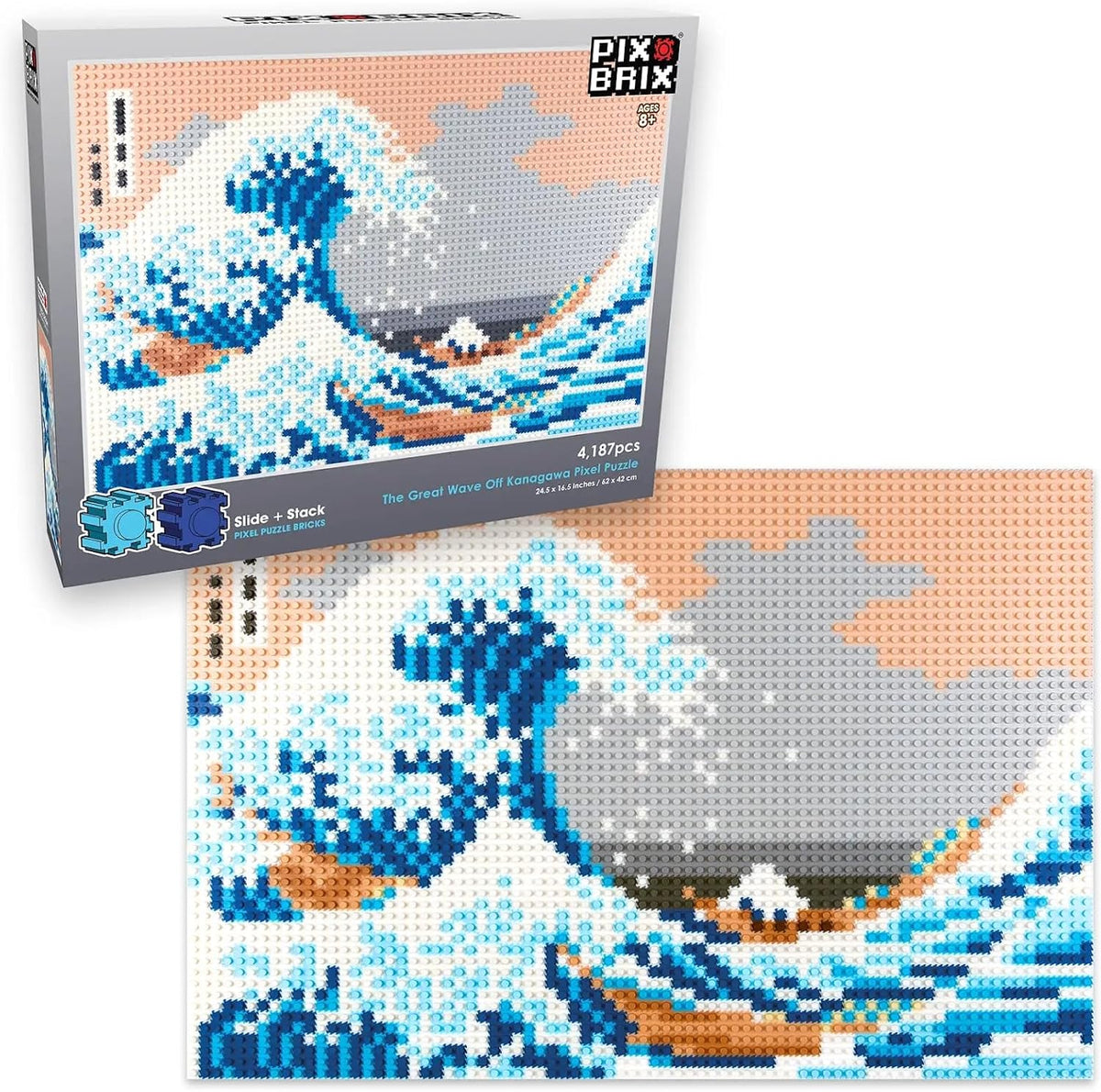 Pixel brick mosaic of The Scream painting with swirling orange sky – view 4
