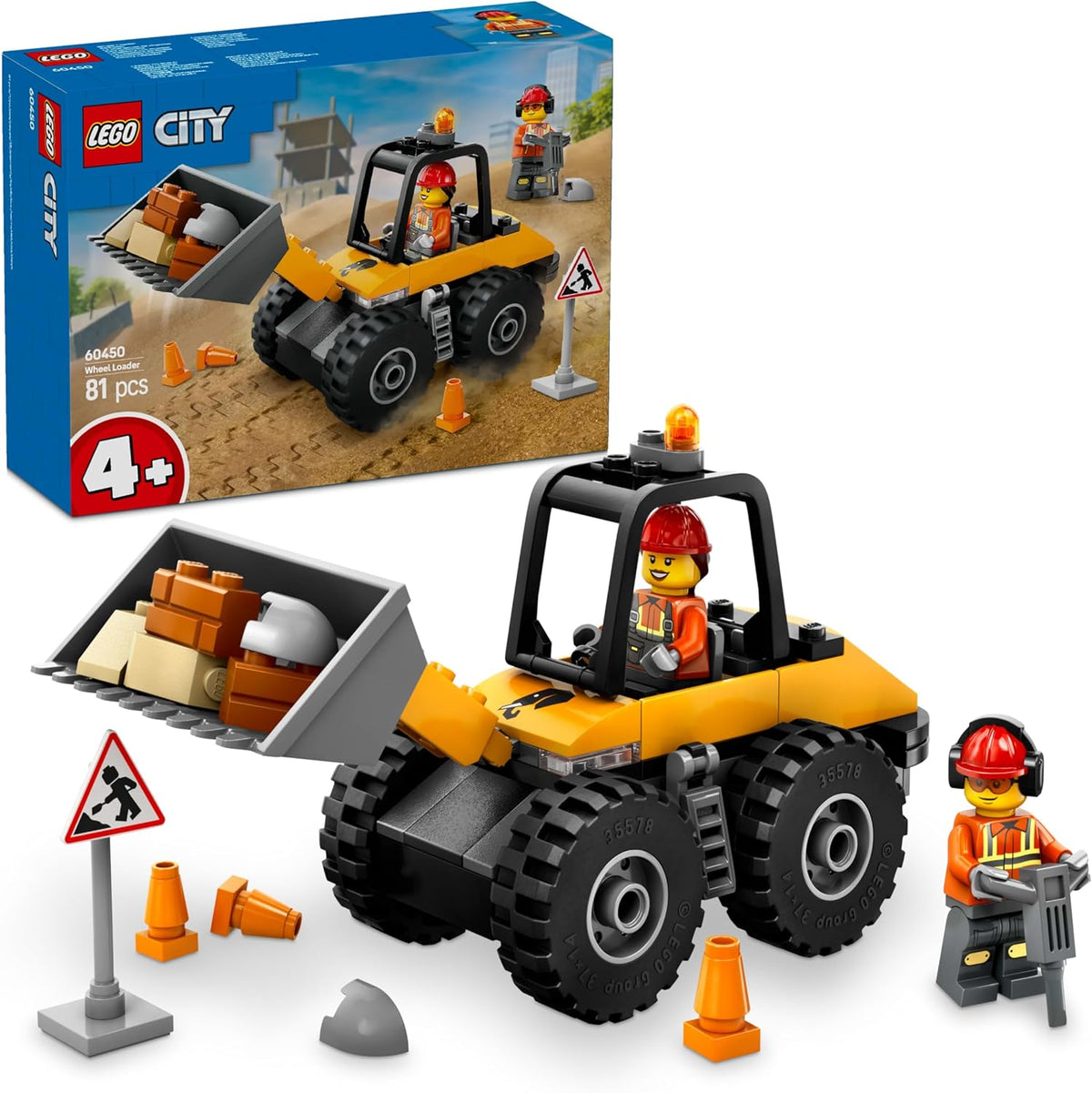 Brick-built yellow bulldozer with raised blade, driver and two workers – view 4