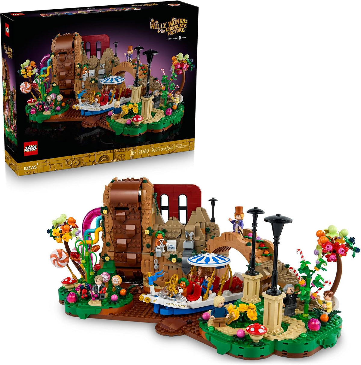 Brick-built candy factory with chocolate waterfall, pipes and boat with figures
