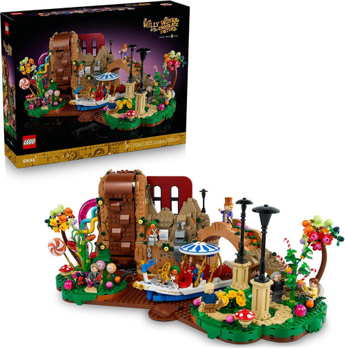 Brick-built candy factory with chocolate waterfall, pipes and boat with figures