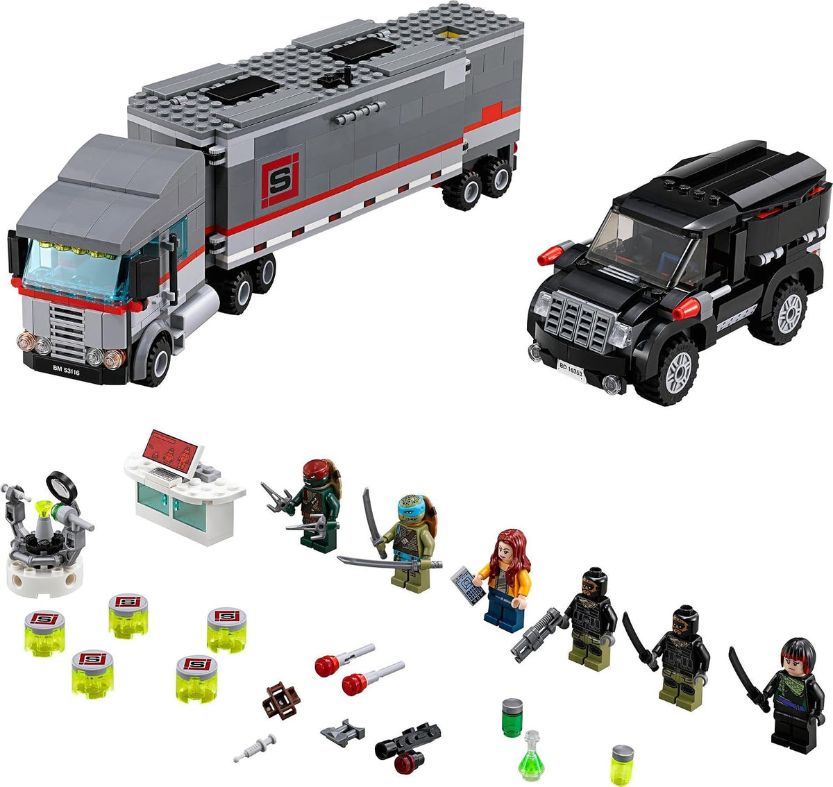 Built big rig truck with mobile lab and pursuing SUV in snow