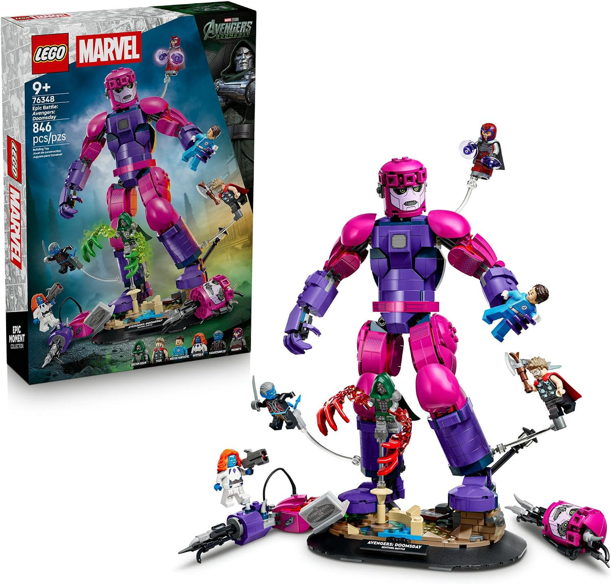 Large brick-built articulated robot facing hero figures posed in midair