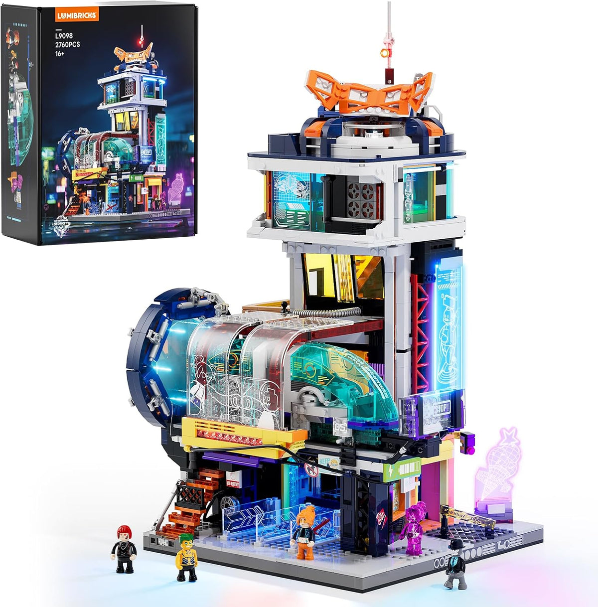 Lit futuristic floating train station brick model with hover train