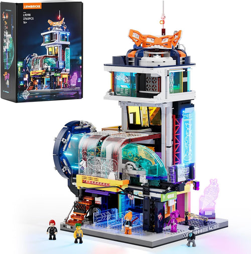 Lit futuristic floating train station brick model with hover train