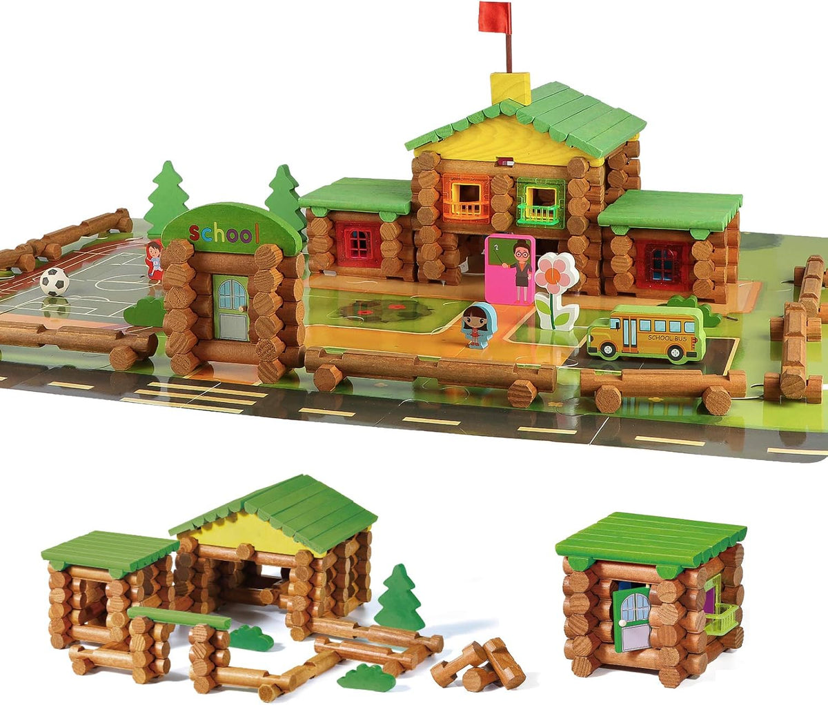 Wooden toy logs stacked into a small cabin with a green roof – view 3