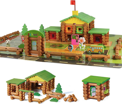 Wooden toy logs stacked into a small cabin with a green roof – view 3