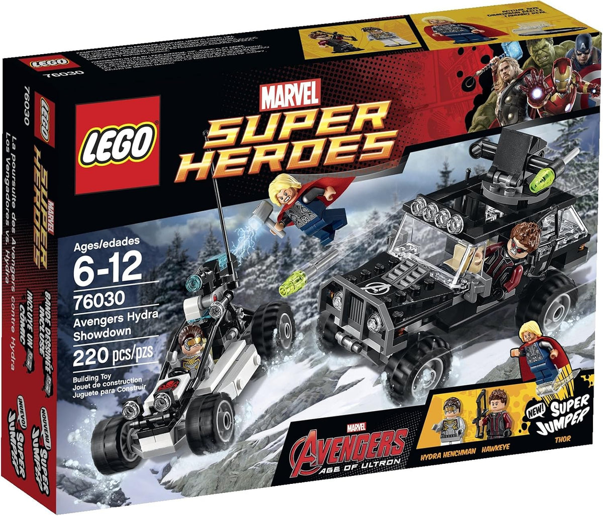 Brick-built armored 4x4 chasing a black offroader through snowy trees with minifigures