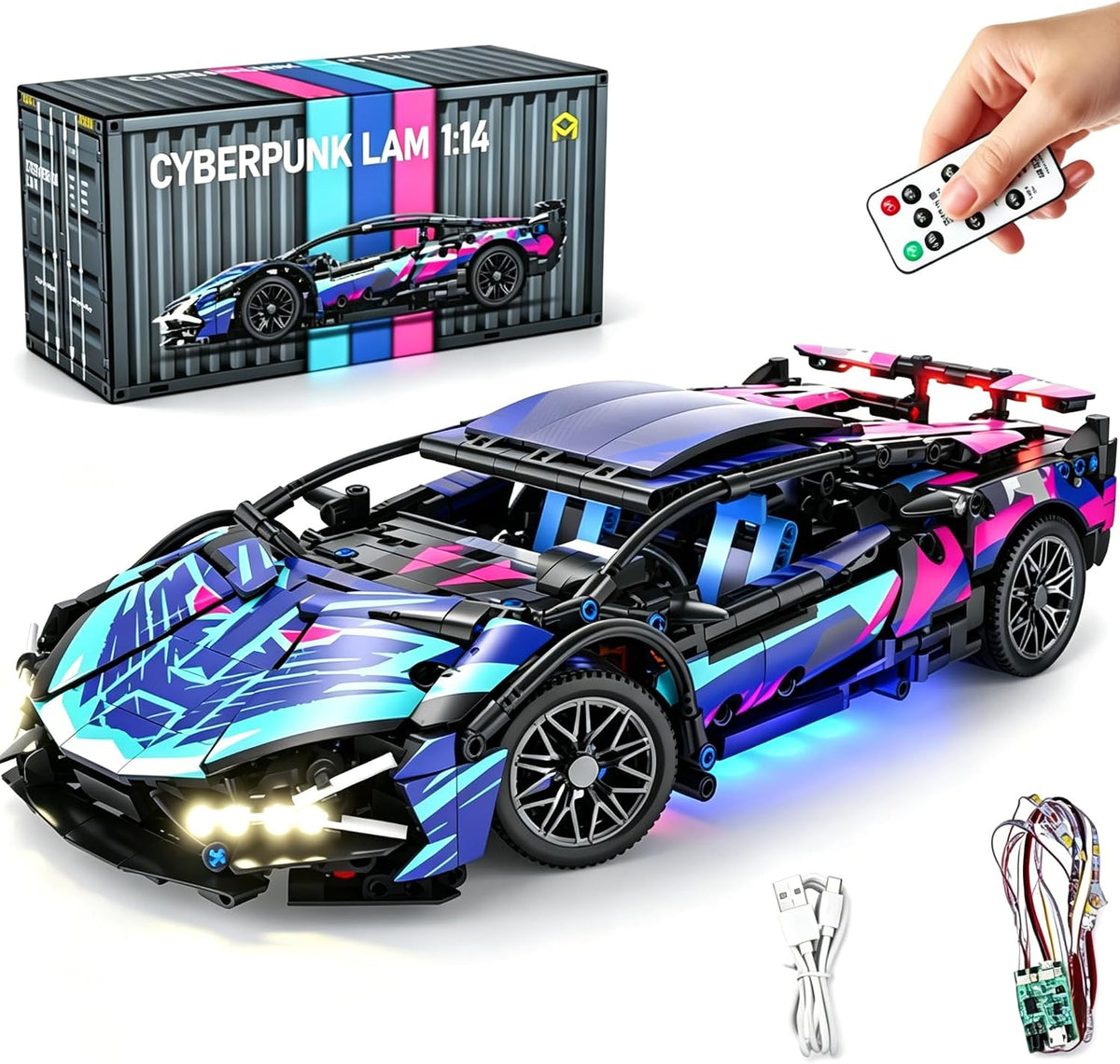 Large brick-built 1:14 scale sports car with low profile and detailed wheels
