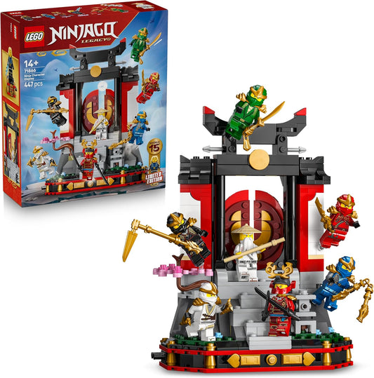 Built ninja dojo display with figures on stairs, cherry blossom trees and lanterns