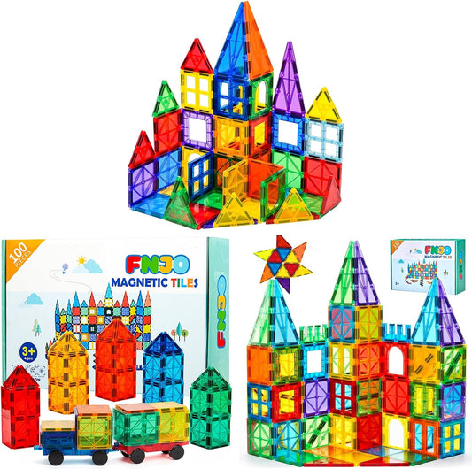 Colorful magnetic tiles built into towers and houses