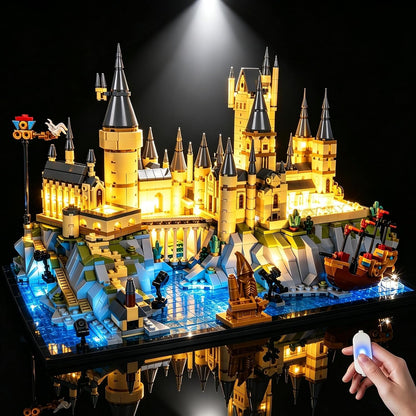 Large wizard castle brick model with towers glowing from warm interior lights – view 2