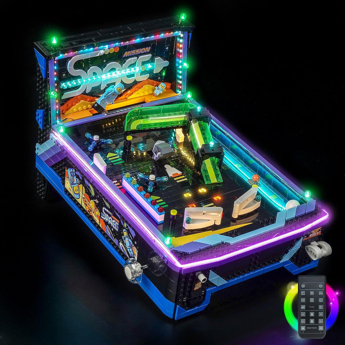 Arcade pinball machine brick model lit with colorful LED lights – view 2
