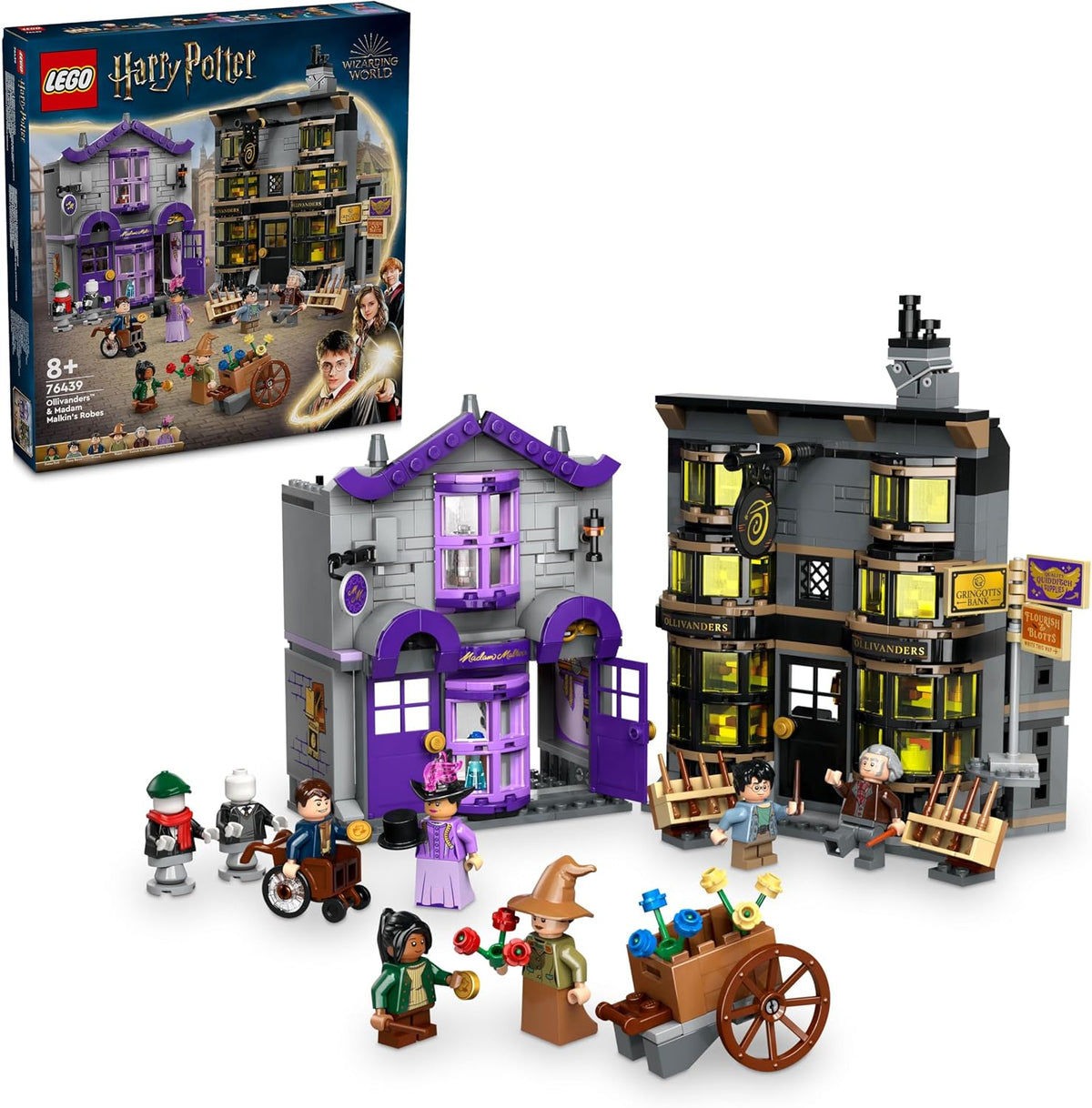 Two brick-built wizard street shops with wand shelves, ladder and robe displays
