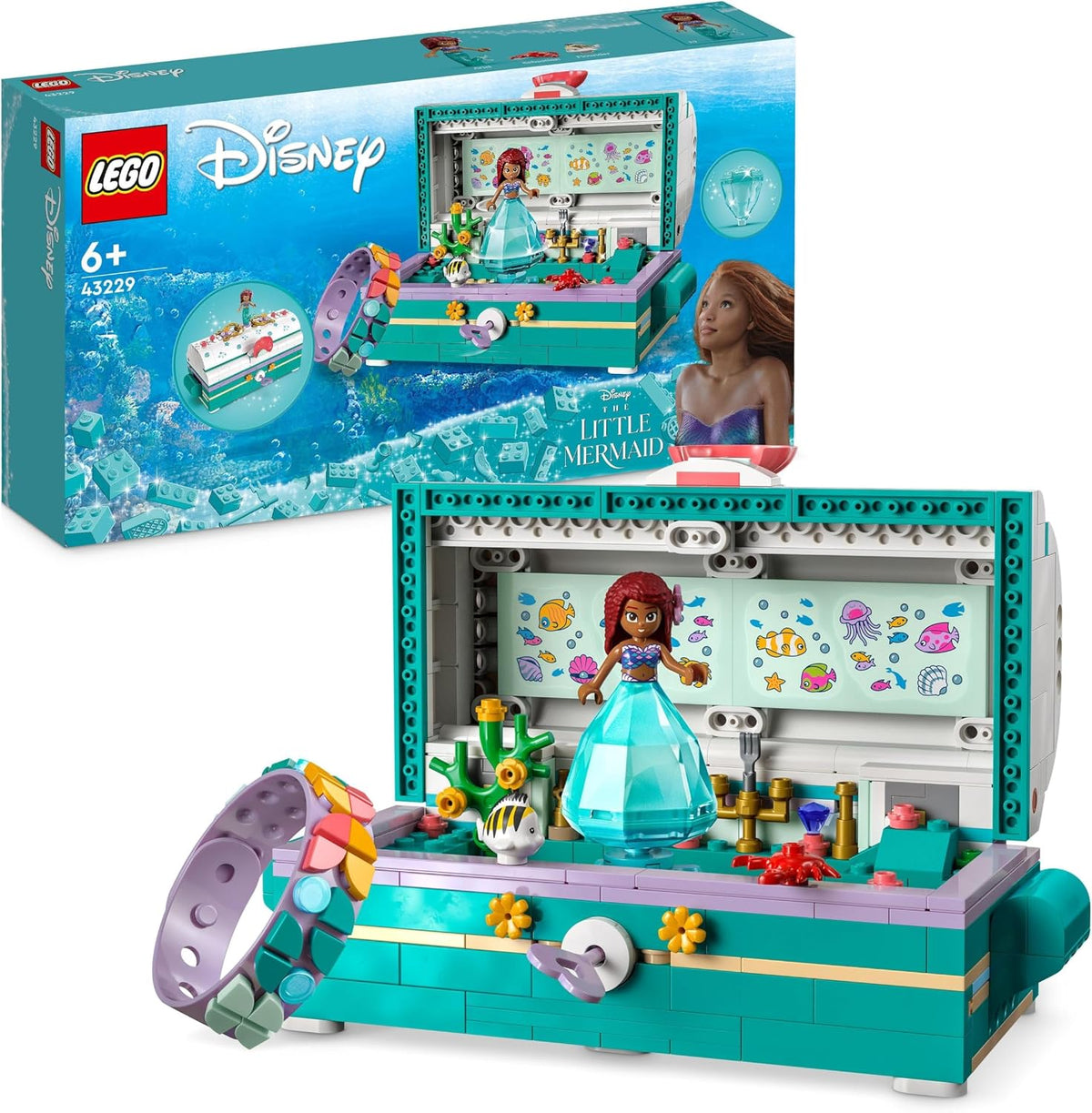 Brick-built treasure chest with mermaid figure and beaded bracelet