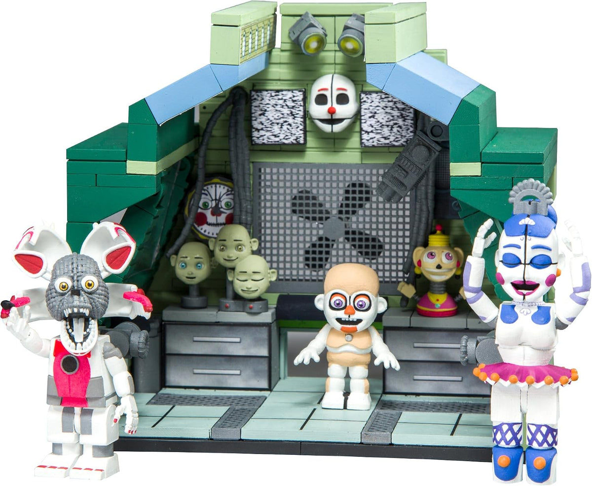 Brick-built dark control room with a giant ventilator, a mask on top and two animatronic figures