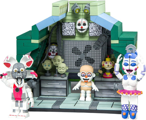 Brick-built dark control room with a giant ventilator, a mask on top and two animatronic figures