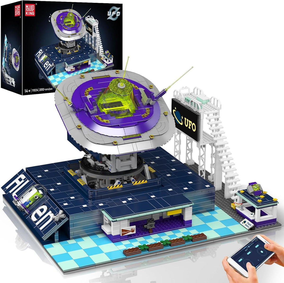 Gray brick-built interstellar starship beside a base station