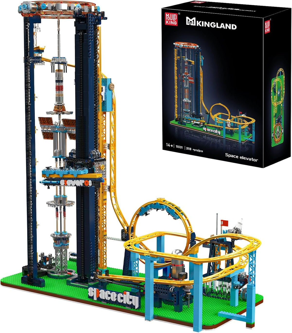 Brick-built blue loop roller coaster with passenger train on track
