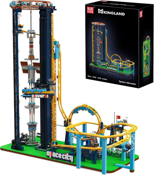 Brick-built blue loop roller coaster with passenger train on track