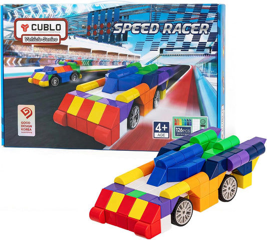 Small race car built from colorful magnetic cubes with wheels