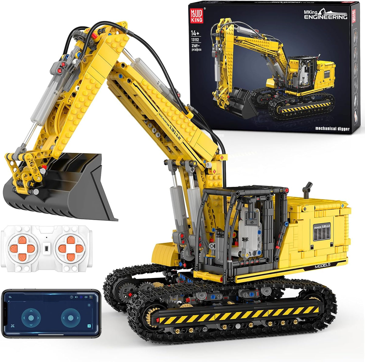Yellow brick-built remote control excavator with extended arm and bucket – view 3