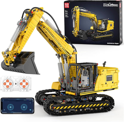 Yellow brick-built remote control excavator with extended arm and bucket – view 3