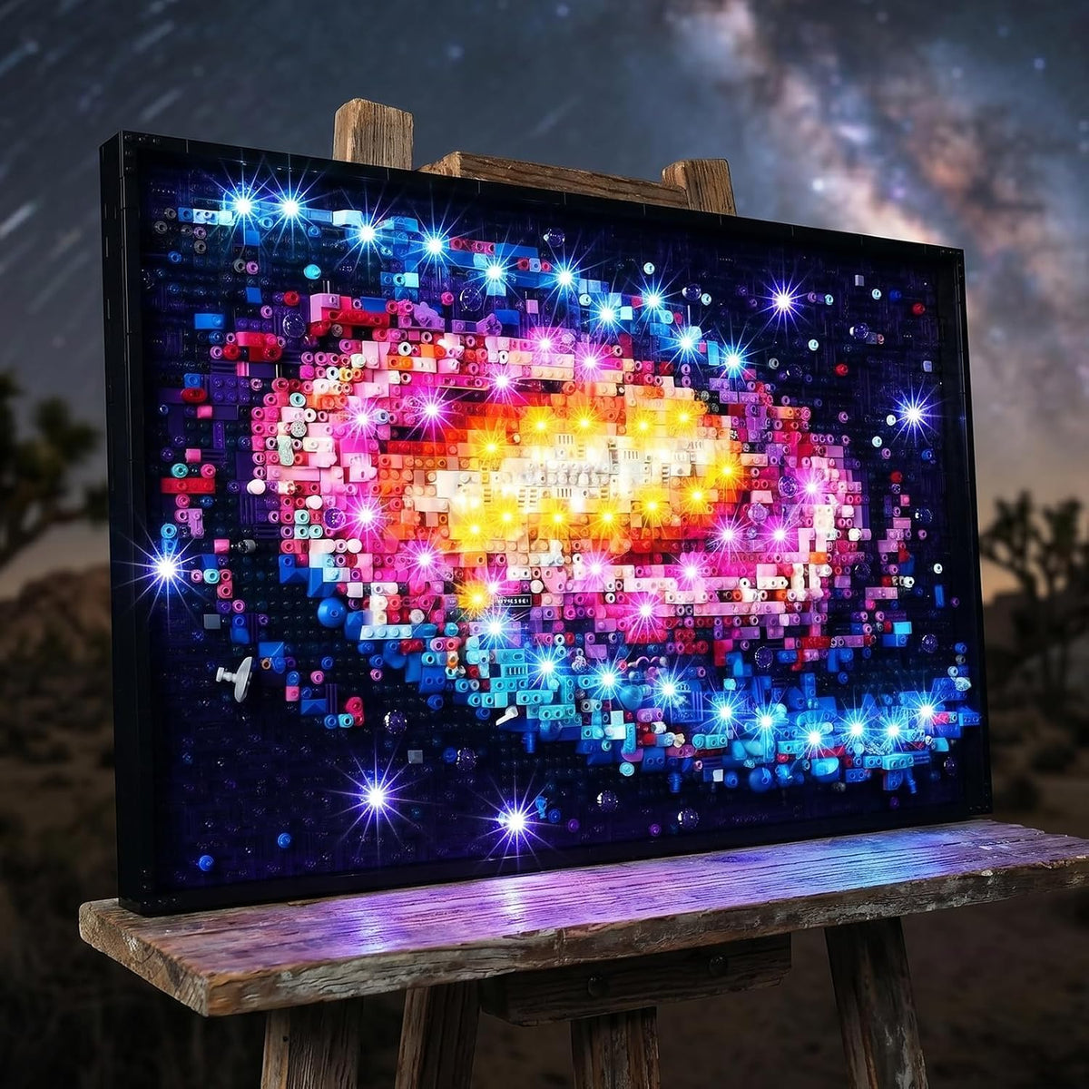Milky Way galaxy brick art panel glowing with LED lights and a handheld remote – view 2