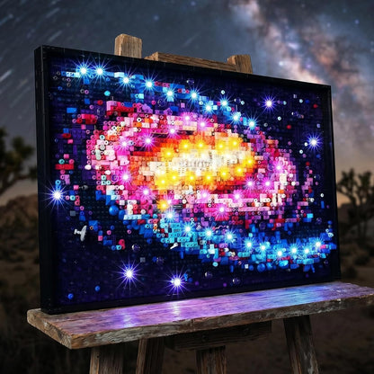 Milky Way galaxy brick art panel glowing with LED lights and a handheld remote – view 2