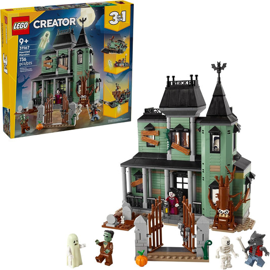 Two-story brick-built haunted house with graveyard, crooked tree and monster minifigures