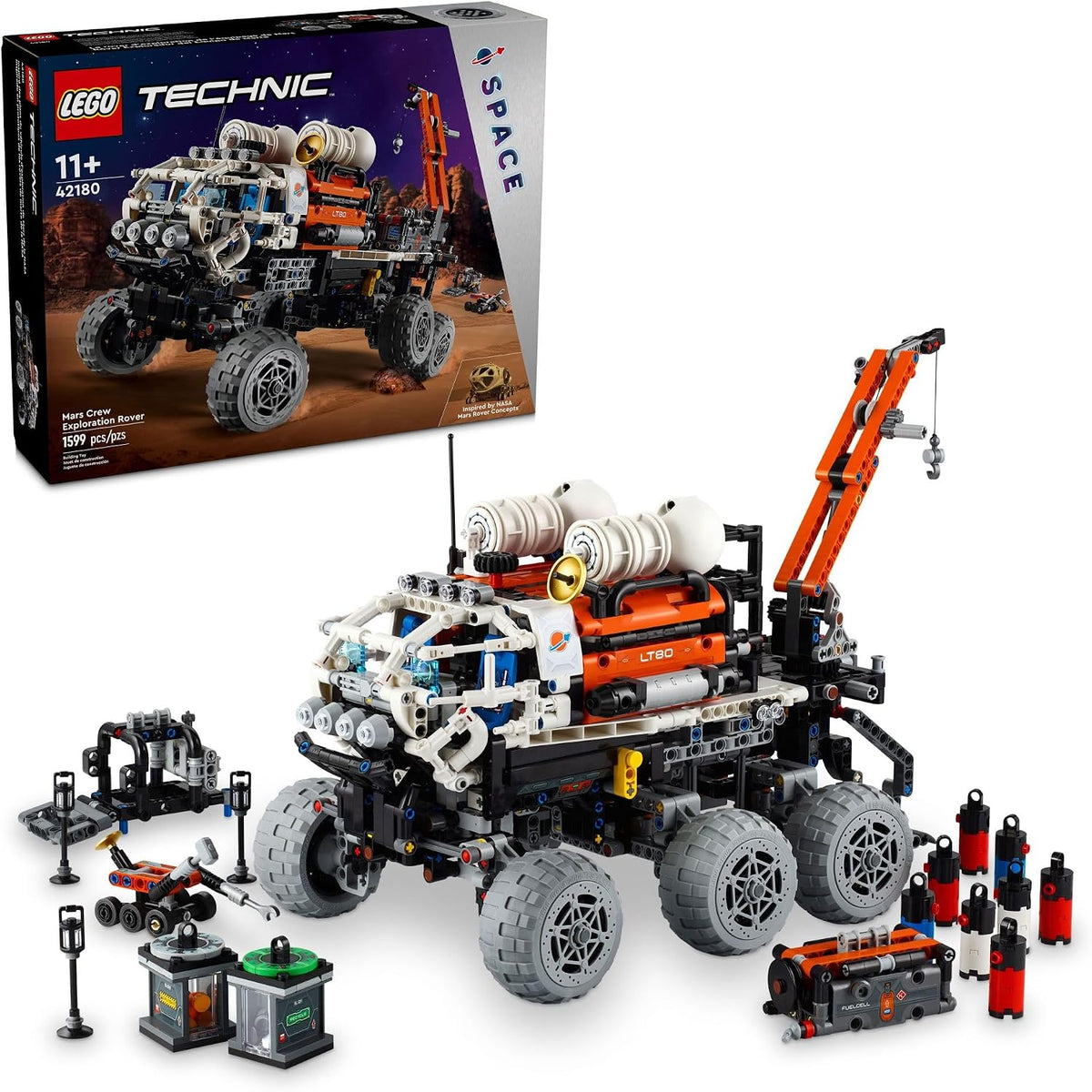 White and orange Mars exploration rover brick model with crane and small robot rover