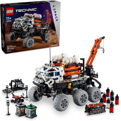 White and orange Mars exploration rover brick model with crane and small robot rover