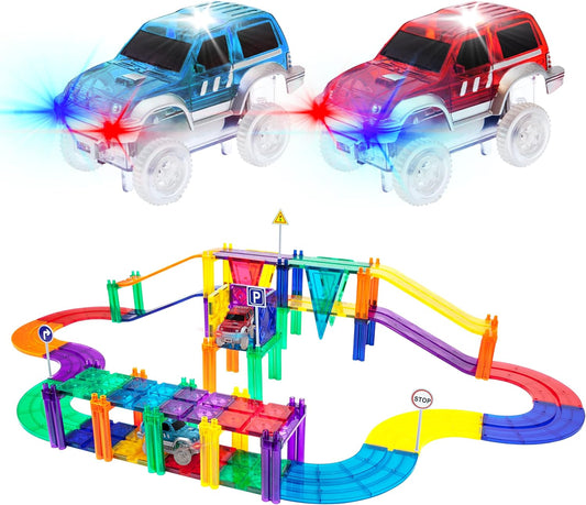 Elevated magnetic tile race track on pillars with ramps and small LED race cars