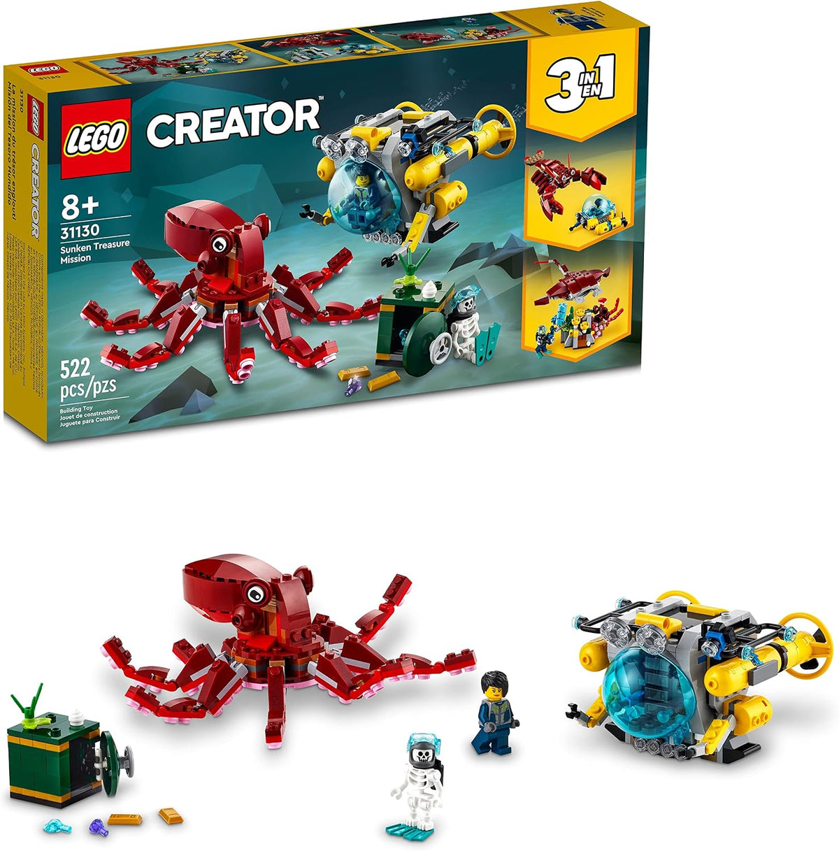 Brick submarine with a giant octopus and two figures