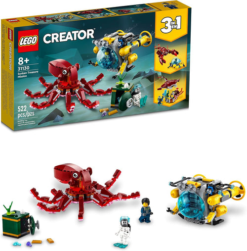 Brick submarine with a giant octopus and two figures